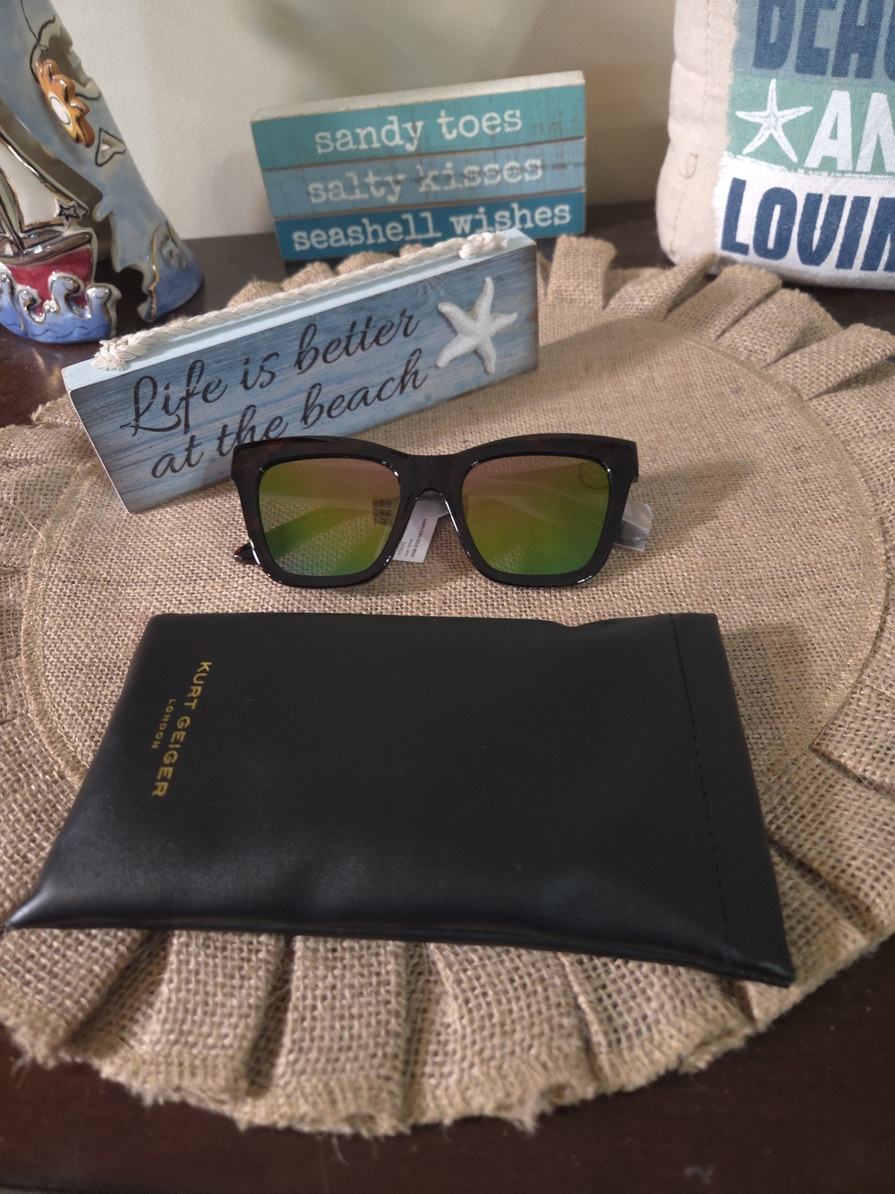 NWT Kurt Geiger Black Frame Havana Crystal Purple Rainbow Sunglasses
